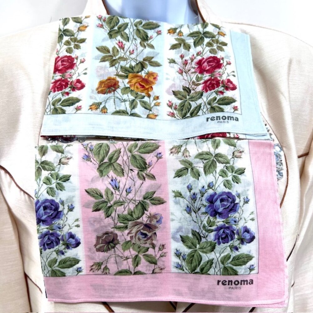 New Set of 2 RENOMA Paris Handkerchief , coton 17" Pink Green red Floral ( 36)